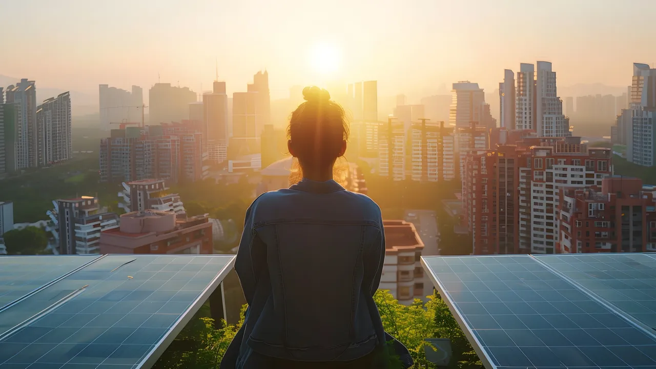 Es wird eine Frau, auf einem begrünten Dach einer Immobilie sitzend, mit Blick auf die Skyline einer Großstadt in der Abenddämmerung dargestellt.