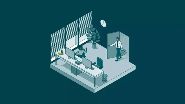 Zu sehen ist eine Illustration mit schematischer Darstellung eines Büros mit zwei Personen