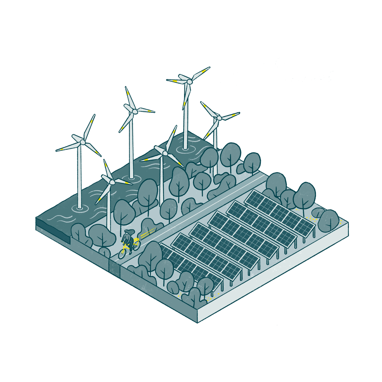 Zu sehen ist eine Illustration mit schematischer Darstellung eines Solarfelds, neben einer Offshore Windanlage und einem Feldweg mit Fahrradfahrerin