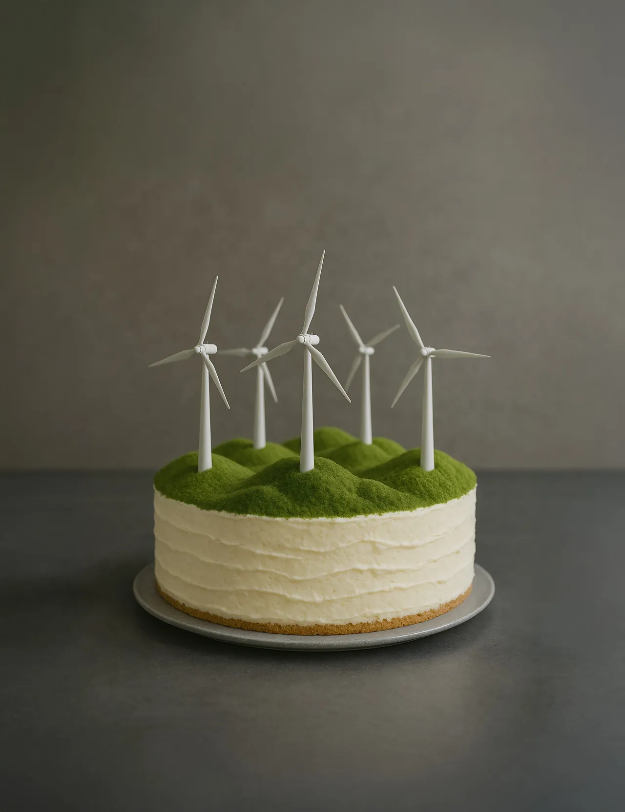Es wird anlässlich des fünfjährigen klimaVest Geburtstages eine Torte dargestellt, auf der fünf eingesteckte Windräder dargestellt sind.