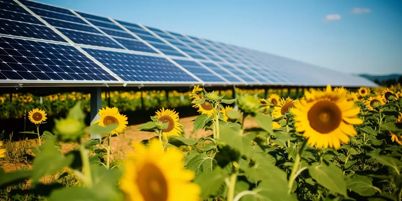 Solarpanel mit Sonnenblume Stock