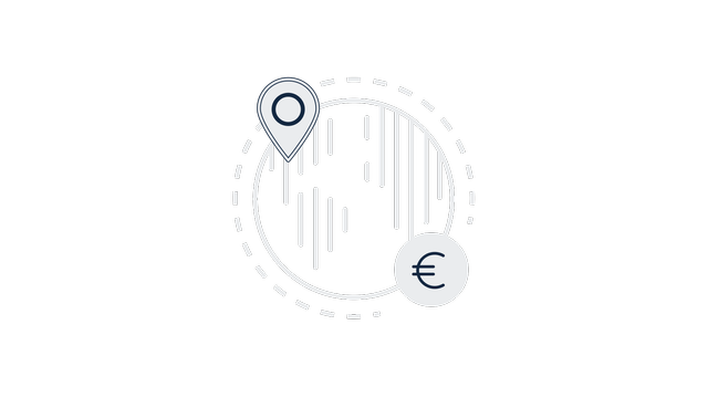 Icon von einer Weltkarte mit einem Standortpfeil und einem Eurozeichen