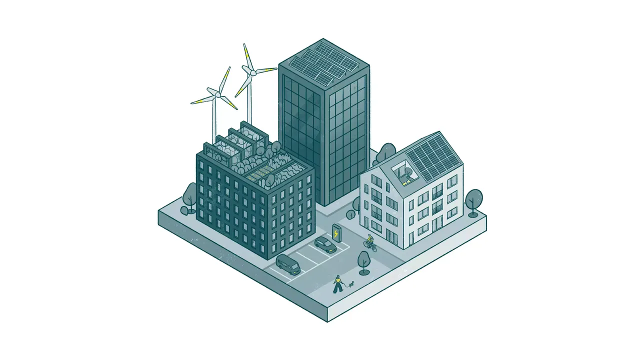 Zu sehen ist eine Illustration mit schematischer Darstellung eines Stadtviertel, das sich mit Strom aus Windraeder speist