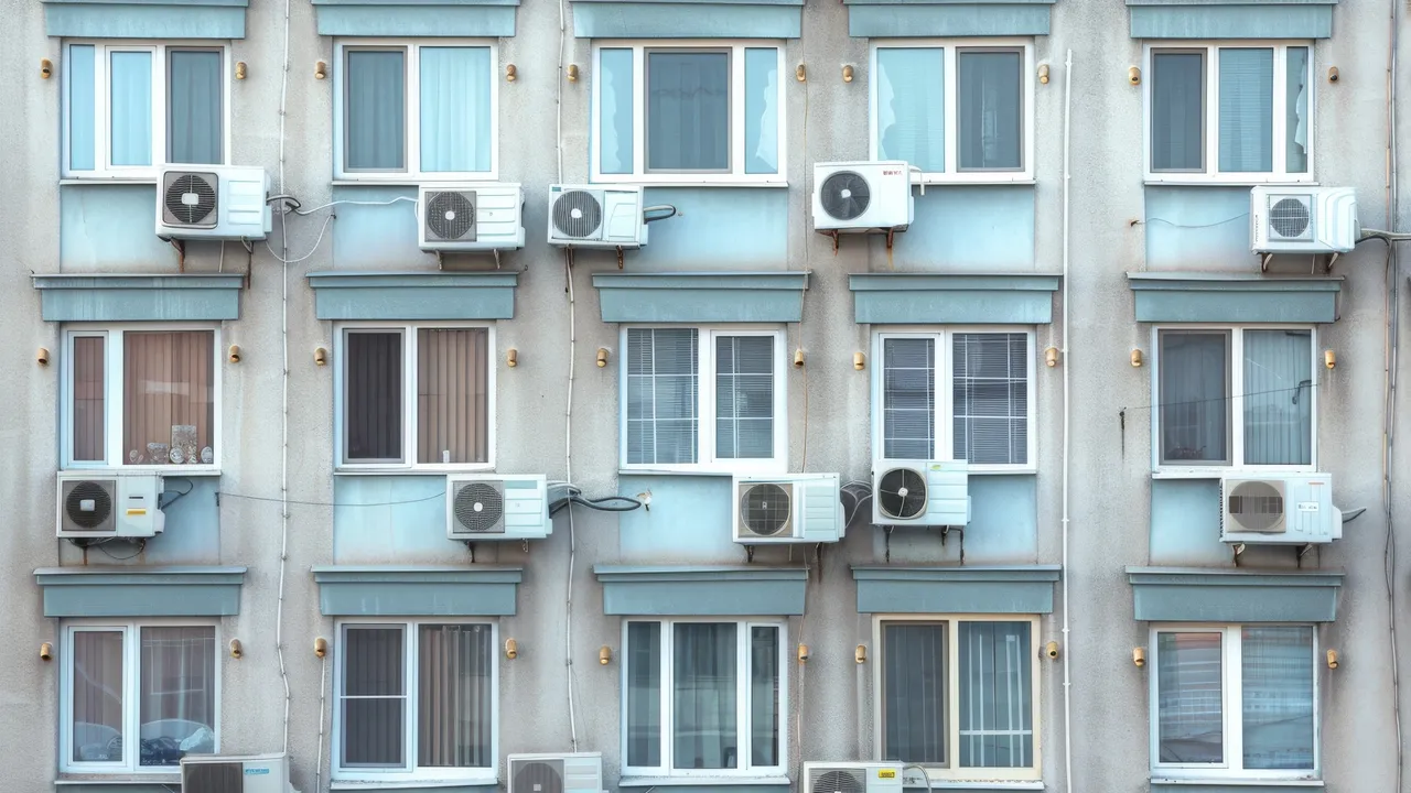 Stock Foto von Klimaanlagen in einer Stadt an einem alten Gebäude