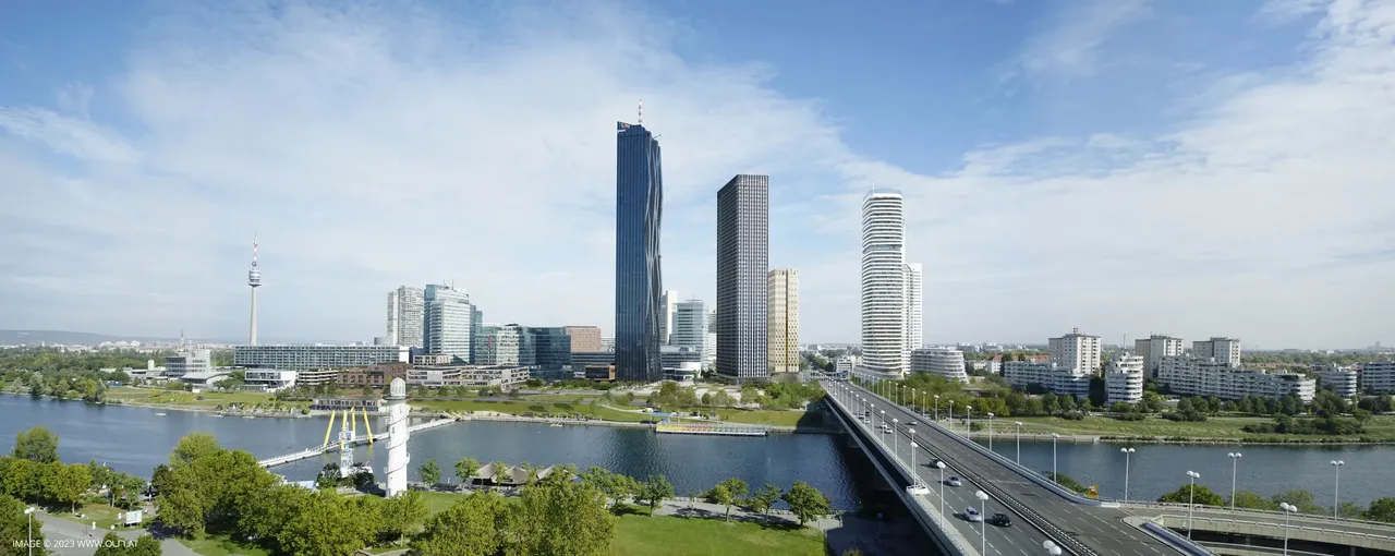 Es wird die in Wien unmittelbar an der Donau gelegene hausInvest Immobilie DC2 Tower dargestellt.