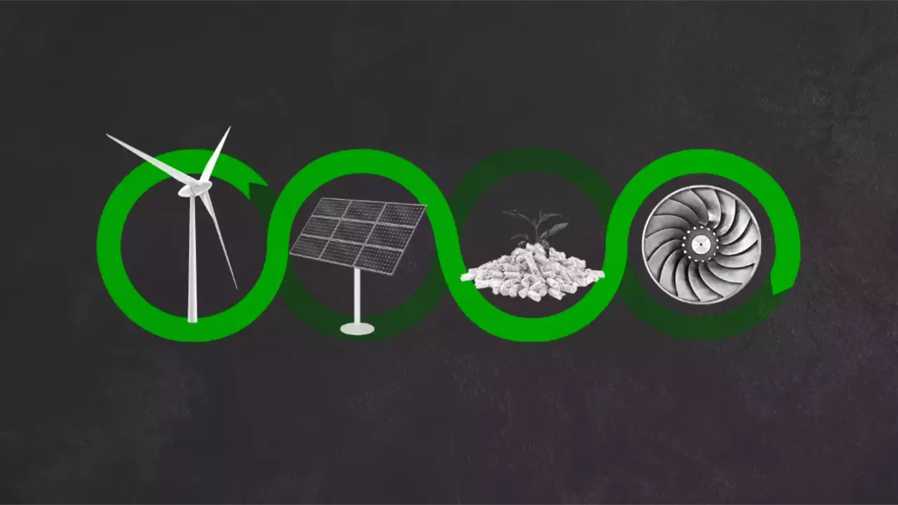 klimaVest: Windrad, Solarpanel, Pflanze, Turbine Grafik für erneuerbare Energien Teaser