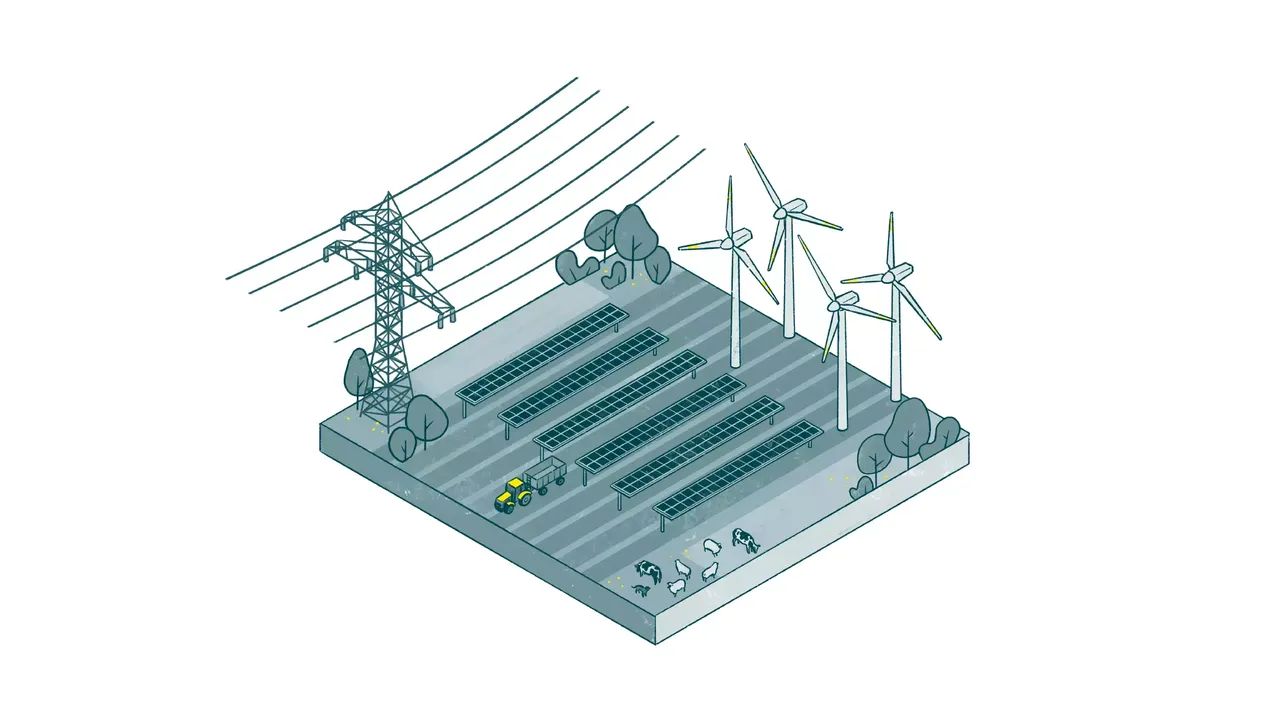 Zu sehen ist eine Illustration mit schematischer Darstellung eines Ackers, der das Prinzip der Agri-Photovoltaik darstellt