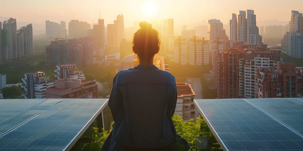 Es wird eine Frau, auf einem begrünten Dach einer Immobilie sitzend, mit Blick auf die Skyline einer Großstadt in der Abenddämmerung dargestellt.