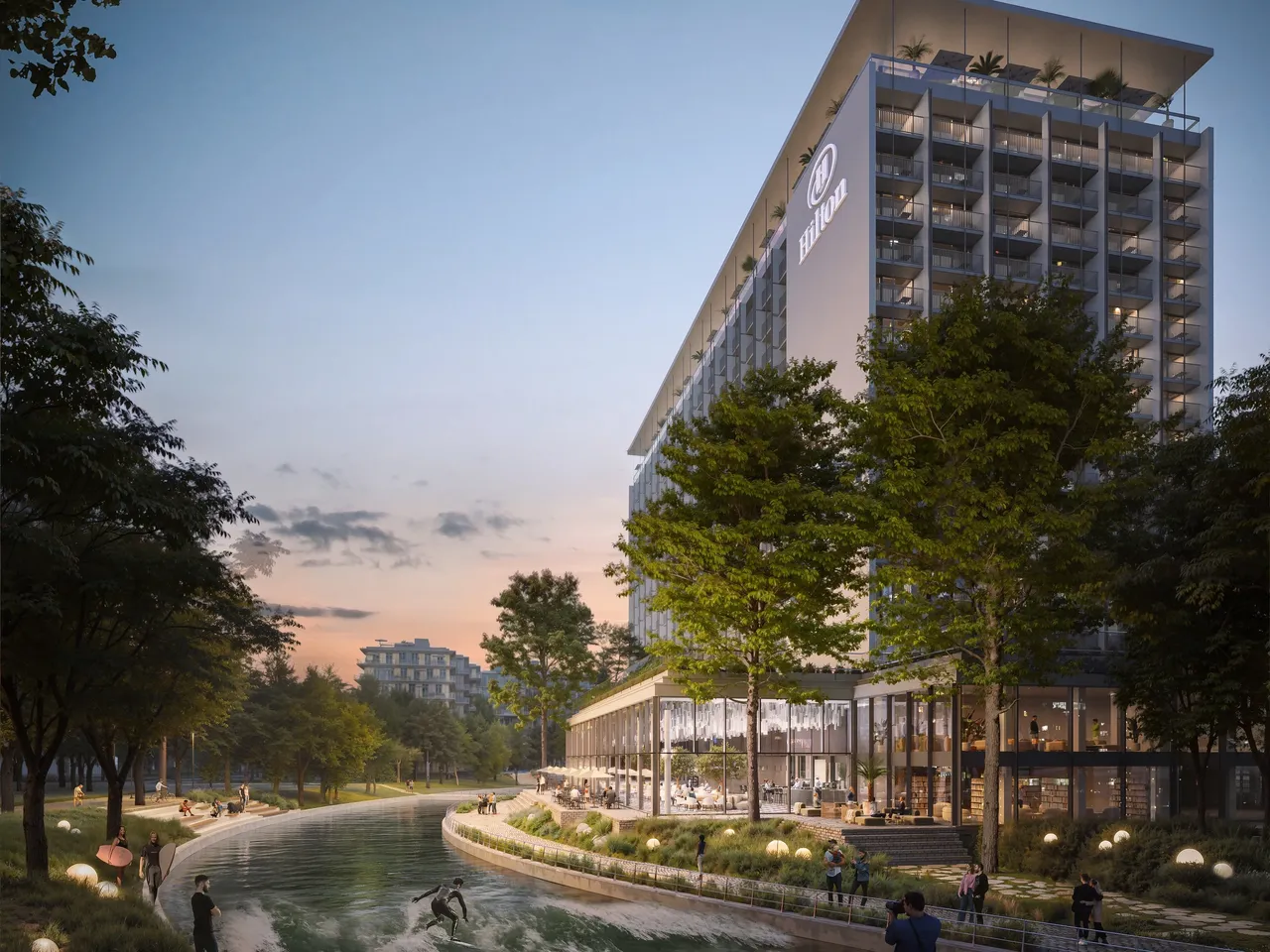 Es wird eine Visualisierung des Hilton Munich Park Hotels im Tucherpark direkt neben dem Eisbach dargestellt.