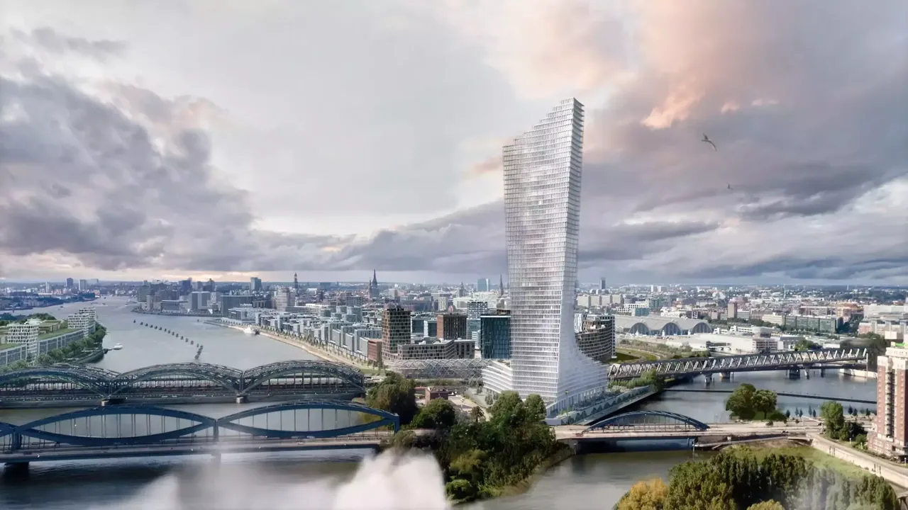 Es wird eine Visualisierung der hausInvest Immobilie Elbtower in Hamburg mit Blick auf den Hamburger Hafen dargestellt.