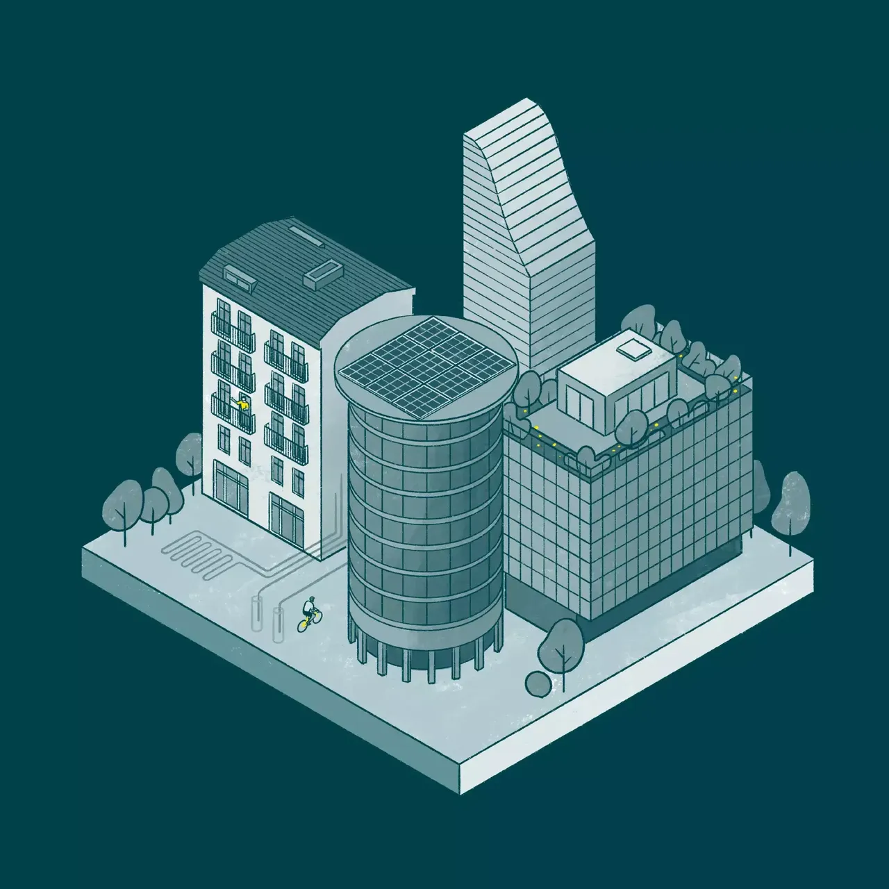 You can see an illustration with a schematic representation of a neighbourhood that is supplied with electricity from photovoltaic panels