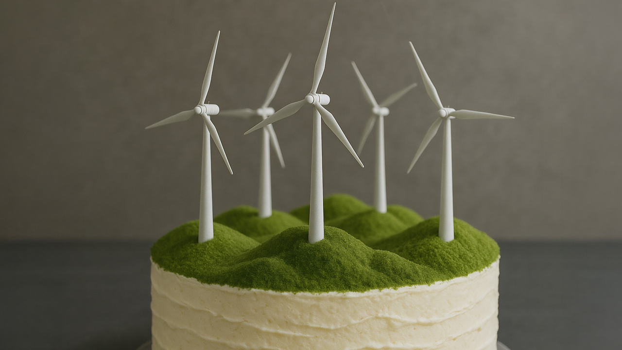Es wird anlässlich des fünfjährigen klimaVest Geburtstages eine Torte dargestellt, auf der fünf eingesteckte Windräder gezeigt werden.