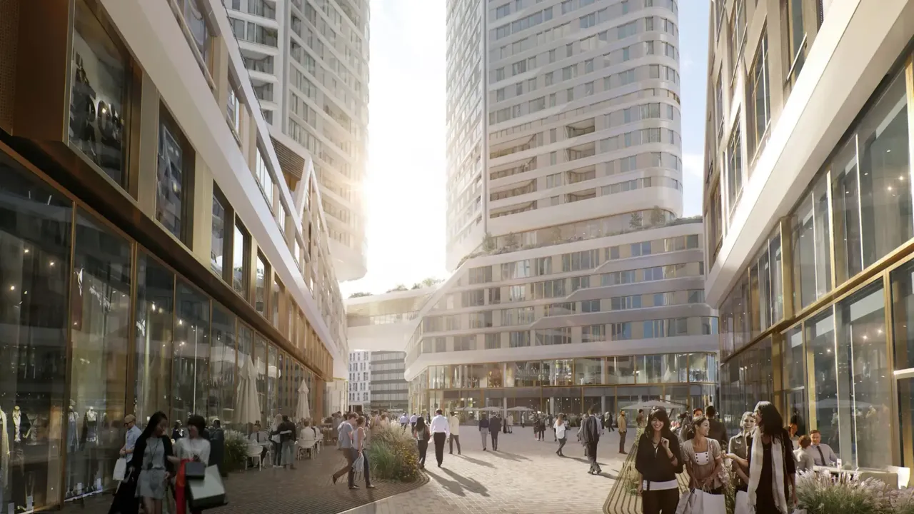 Es wird eine lebendige Passage mit Menschen innerhalb des Stadtquartiers FOUR in Frankfurt am Main dargestellt.