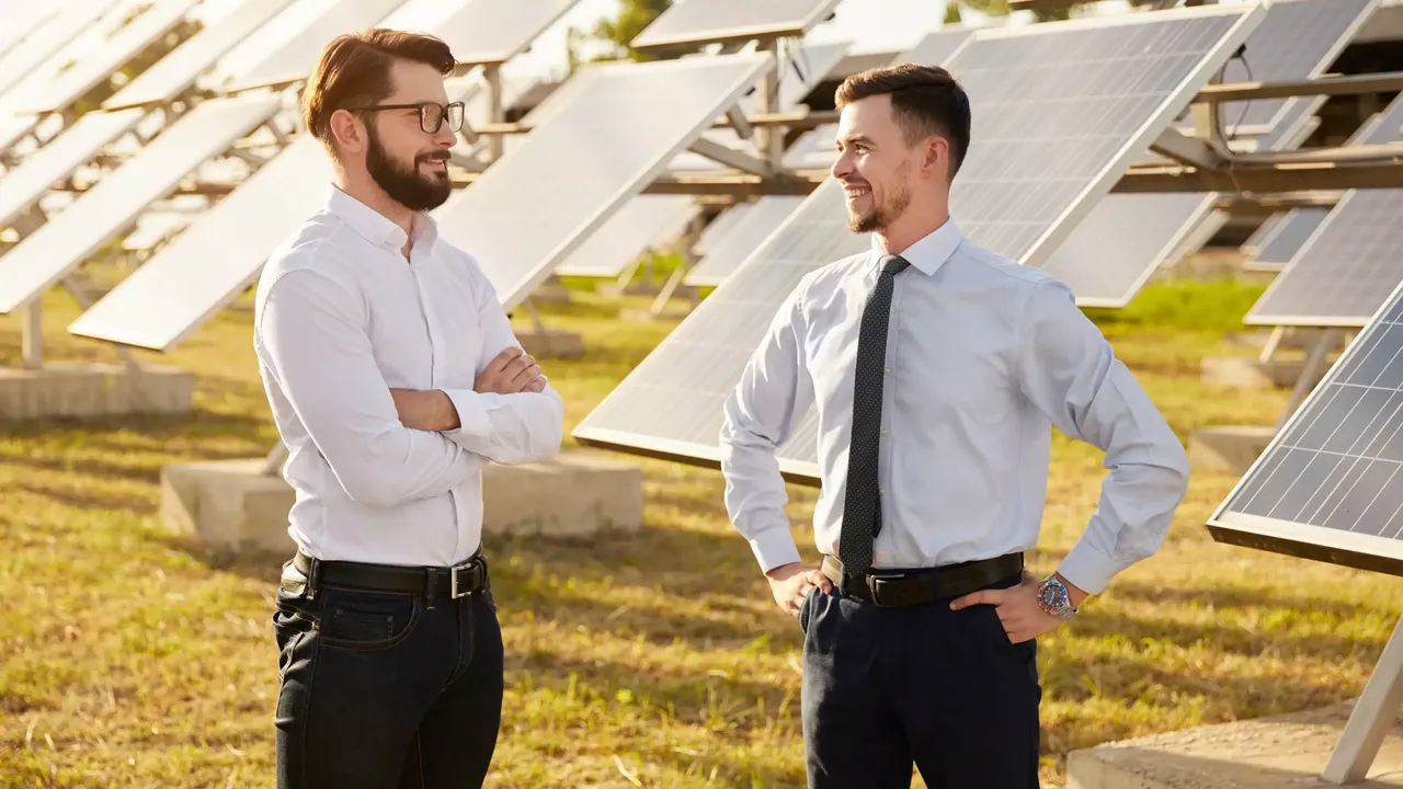 klimaVest: zwei Männer im Anzug stehen in einem Solarpark und unterhalten sich.