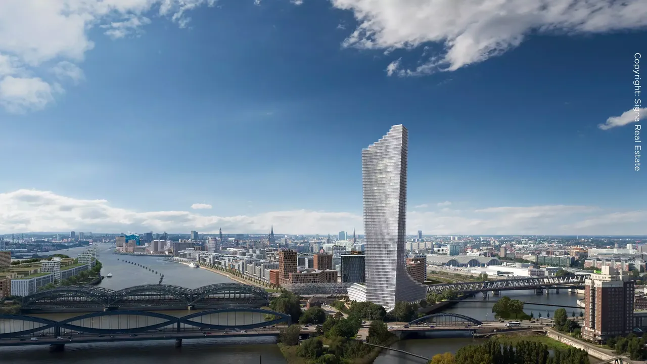 Überblick: Es wird eine Panoramasicht über Hamburg, zentral mit dem Elbtower gezeigt.