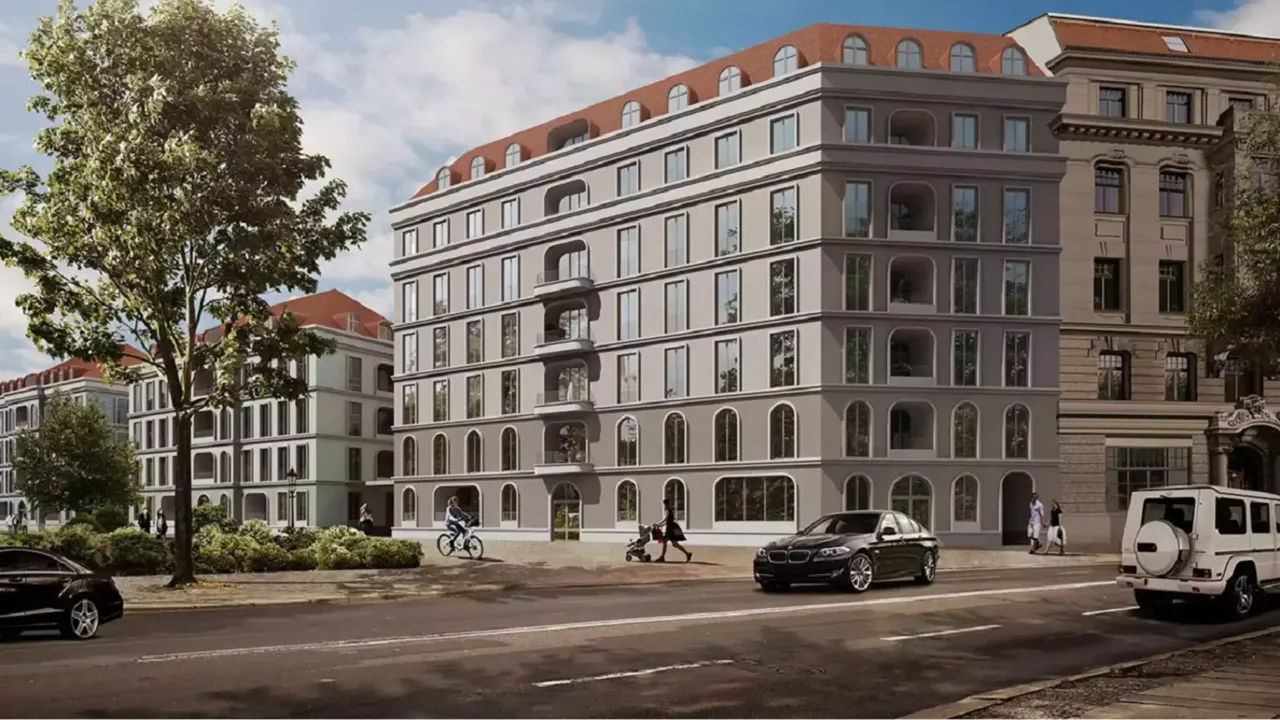 Außenansicht: Es wird die Fassade der hausInvest Immobilie Königshöfe in Dresden abgebildet