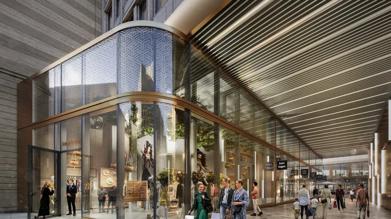 Es wird die Passage in der Frankfurter Junghofstraße dargestellt, die eine Verbindung zum Stadtquartier FOUR in Frankfurt am Main vorsieht.