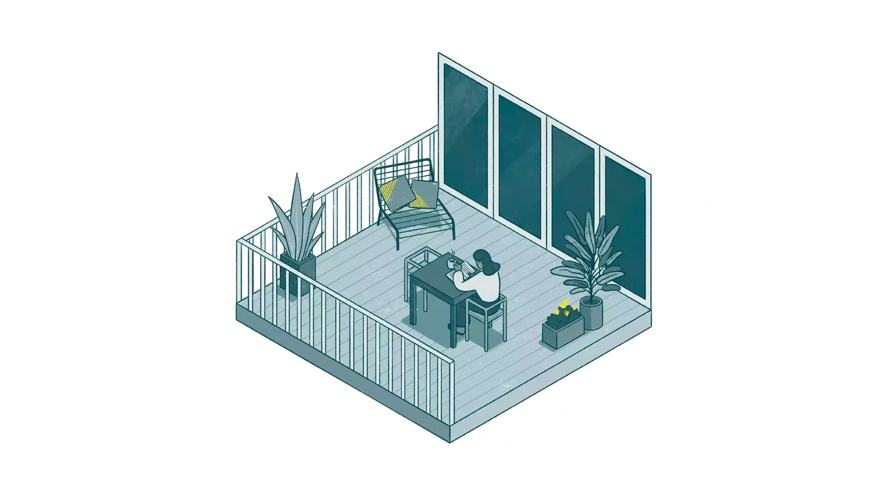 Zu sehen ist eine Illustration mit schematischer Darstellung eines Wohnheims mit einem Balkon und einer lesenden Person