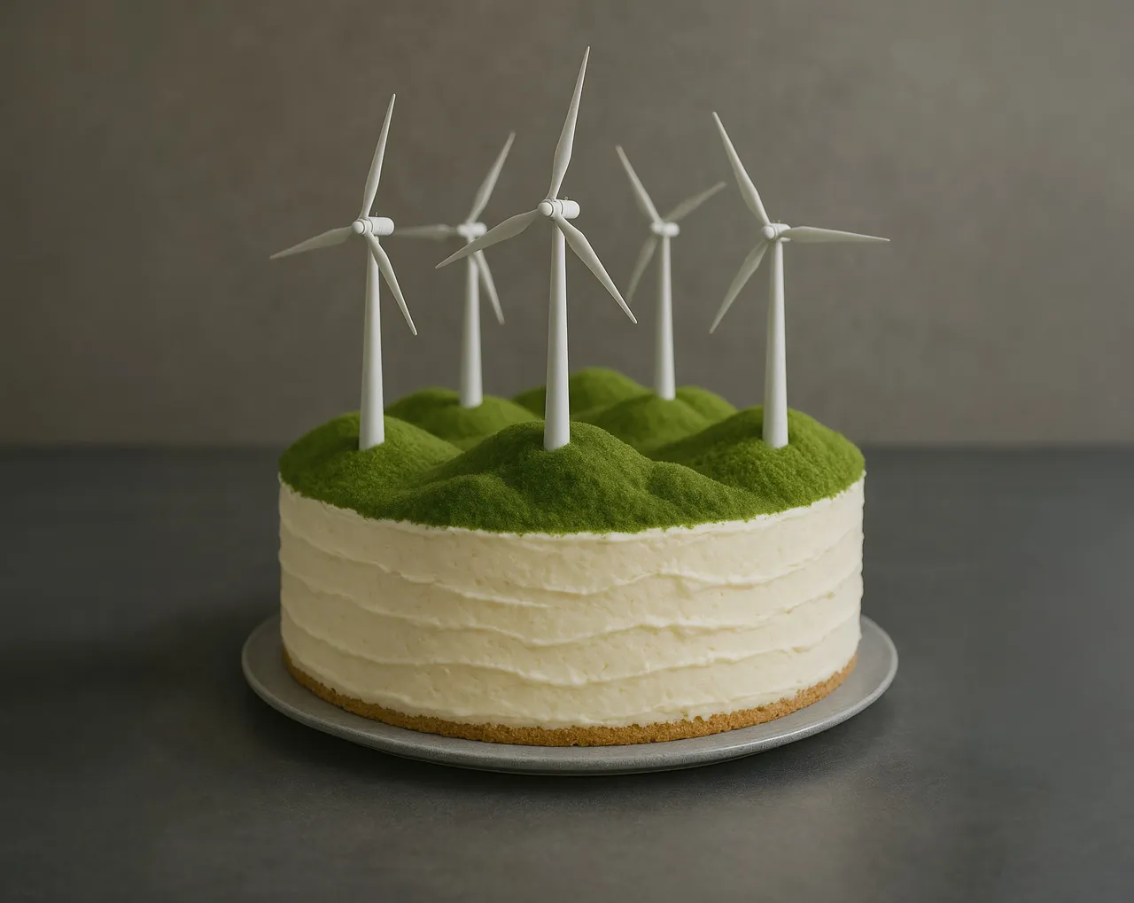 Es wird anlässlich des fünfjährigen klimaVest Geburtstages eine Torte dargestellt, auf der fünf eingesteckte Windräder dargestellt sind.