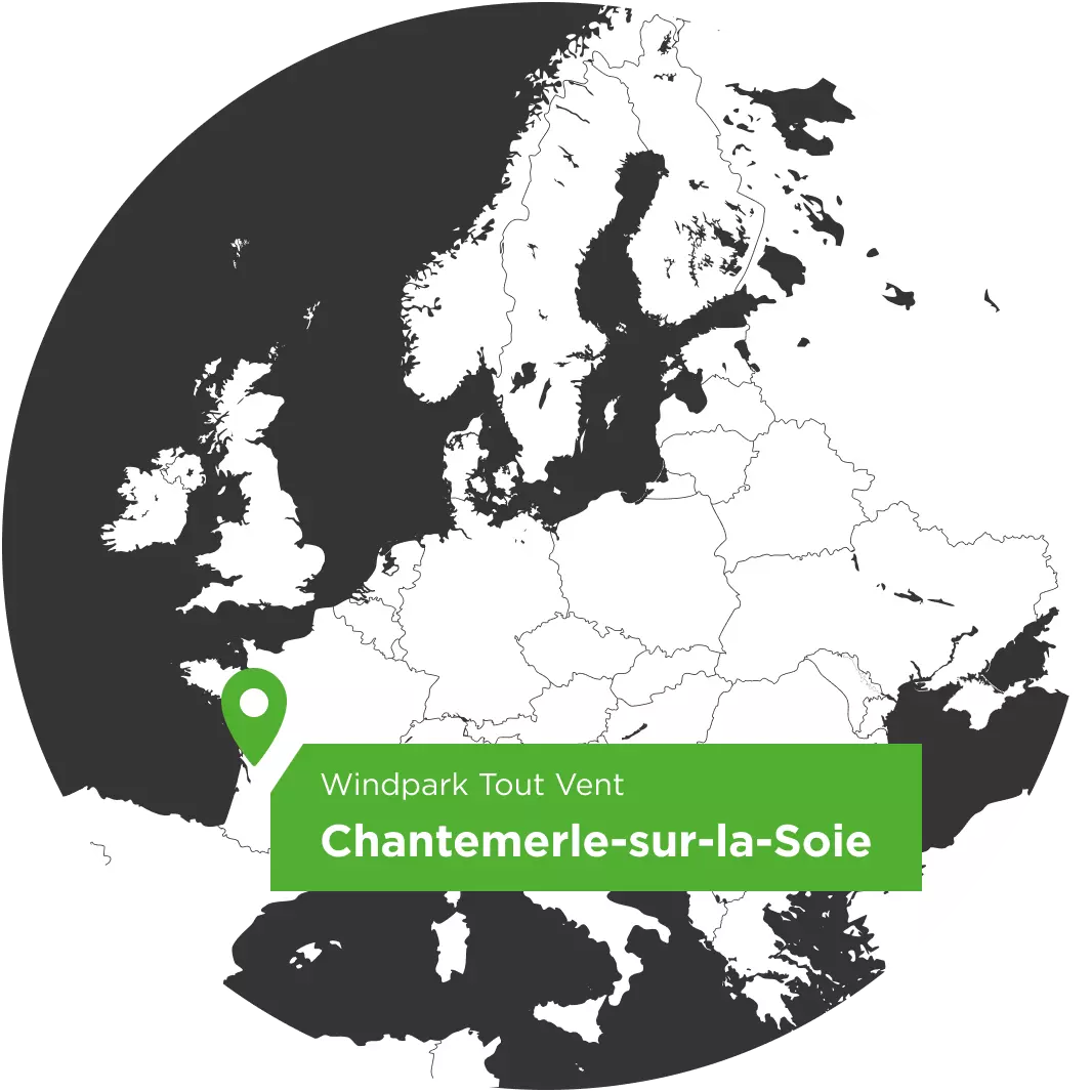 Europakarte mit dem Standortpfeil für den Windpark Tout Vent