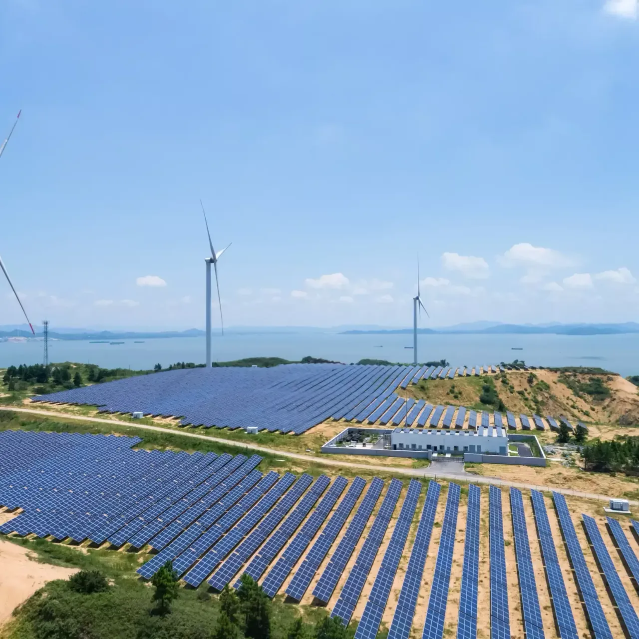 Ein Wind- und Solarpark bei strahlend blauem Himmel