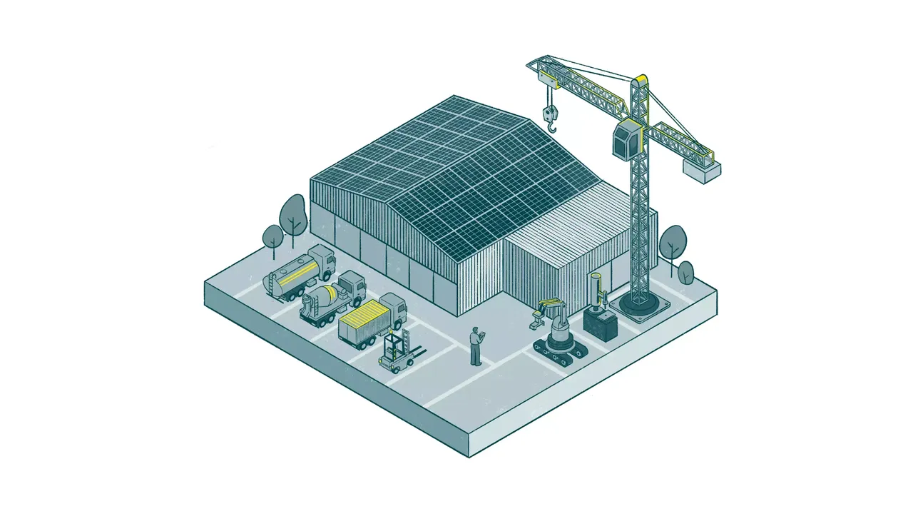 Zu sehen ist eine Illustration mit schematischer Darstellung einer Lagerhalle und Photovoltaikanlage und im Hintergrund ein Kran