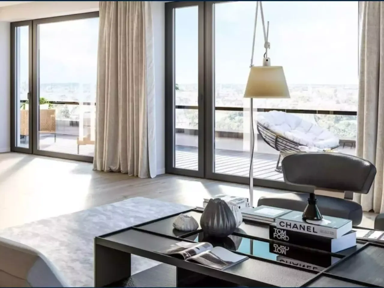 Modern eingerichtete Wohnung mit großen Fenstern in der hausInvest Immobilie Seetor Living in Nürnberg