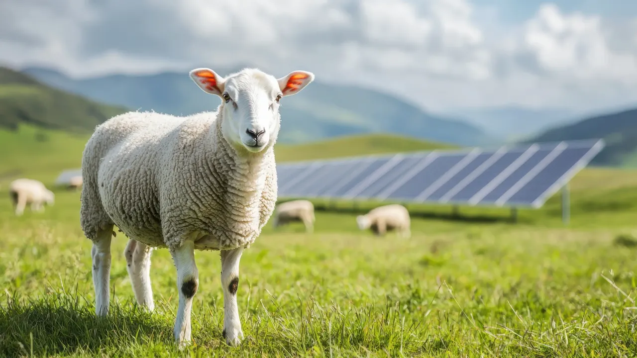 Es wir im Vordergrund ein Schaf dargestellt, das vor eine großen Photovoltaik-Anlage auf einem Feld steht.