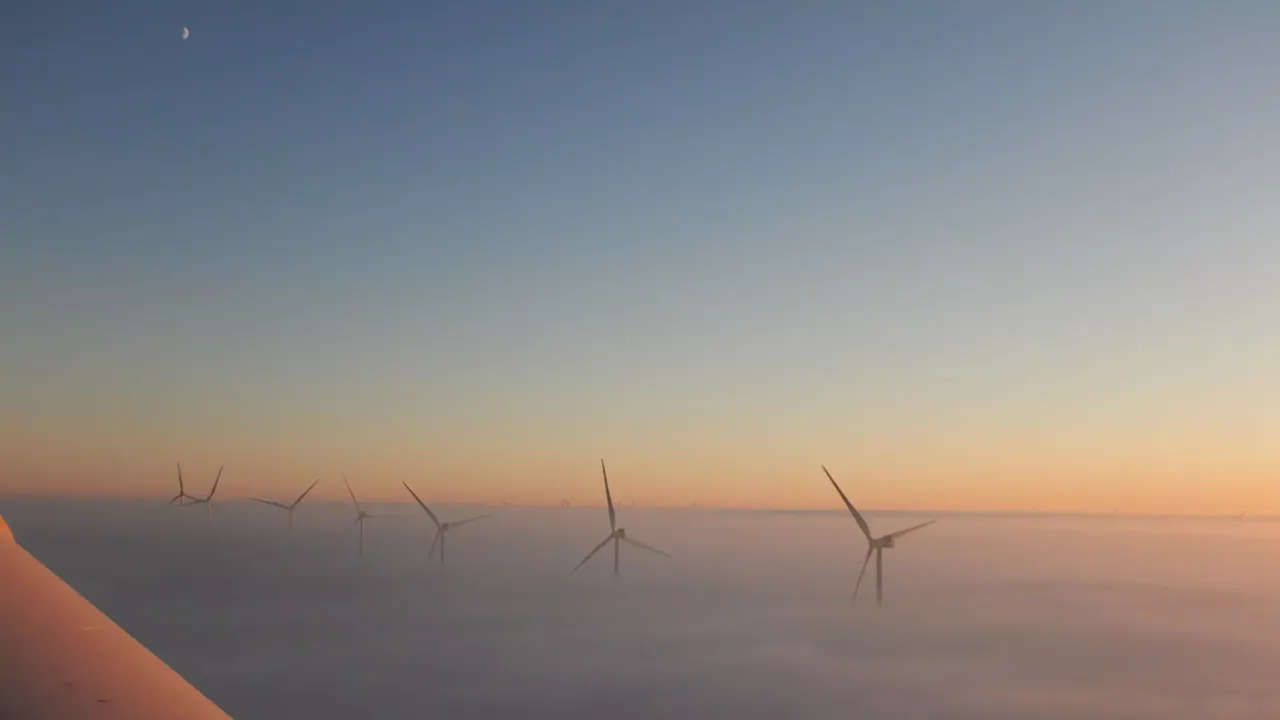 Es wird im nebeligen Sonnenaufgang der klimaVest Windpark Prémont in Frankreich abgebildet.
