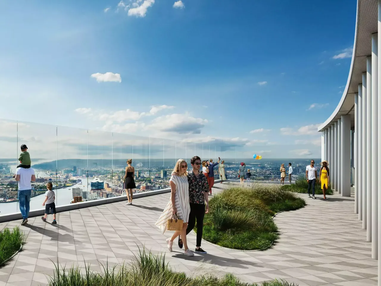 Außenansicht: Es wird die Dachterrasse der hausInvest Immobilie Elbtower in Hamburg abgebildet.