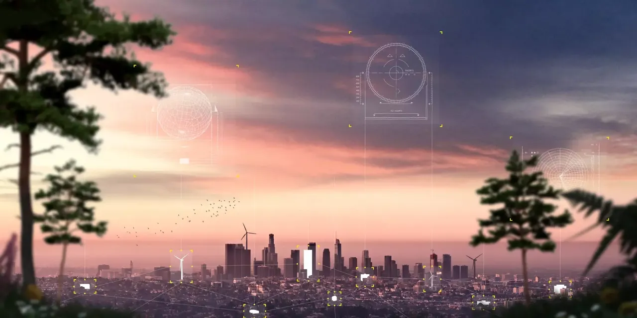 Es wird eine Großstadt Skyline mit Windrädern im Abendhimmel dargestellt