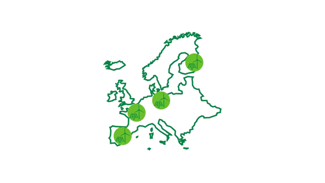 Icon, dass eine Europakarte mit Wind- und Solarparks zeigt und die europaweite Diversifikation symbolisiert