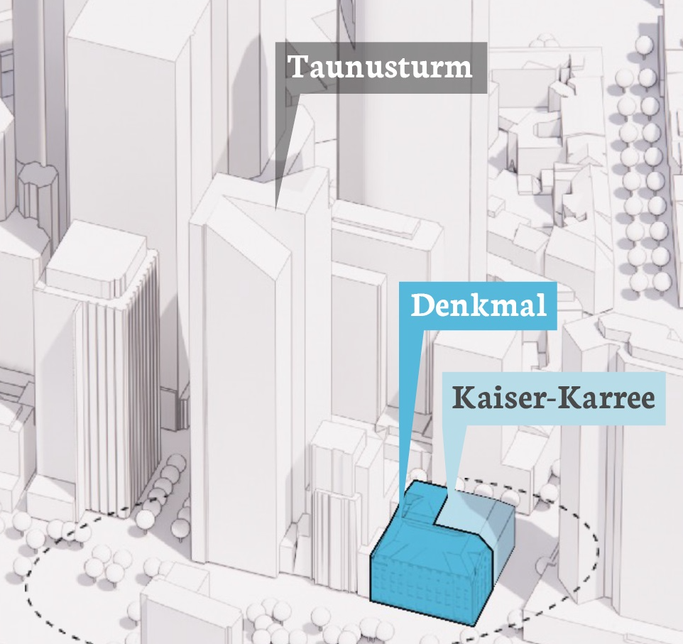 Es wird eine Skizze der geplanten Kaiser-Karree-Projektentwicklung in Frankfurt am Main dargestellt.