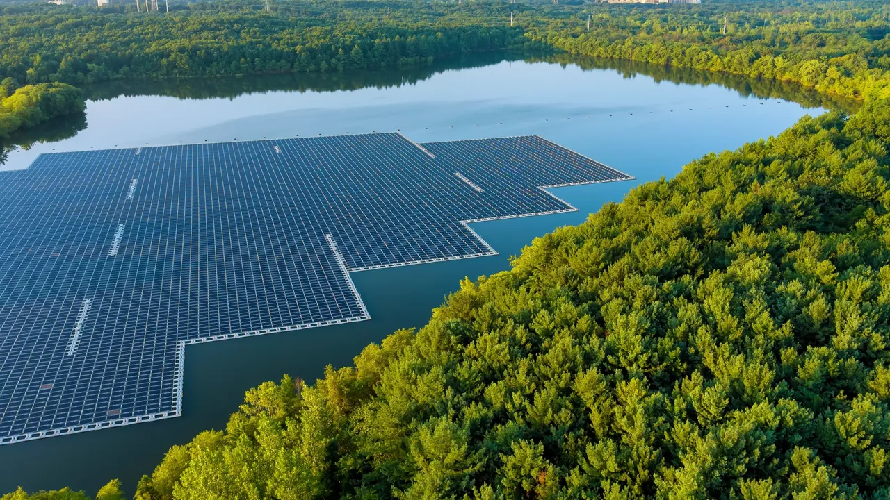 Photovoltaikanlage auf einem Gewässer in einem Waldstück