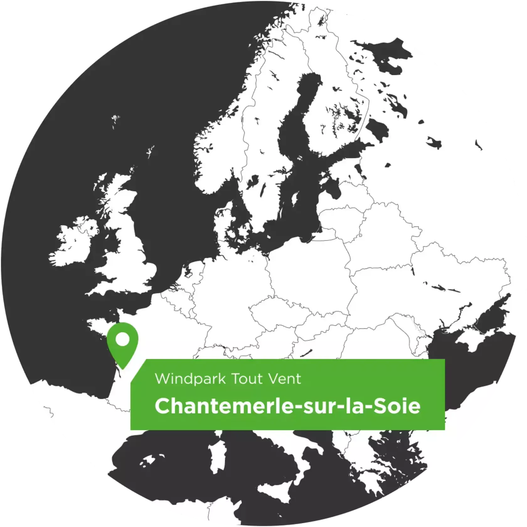 Europakarte mit dem Standortpfeil für den Windpark Tout Vent