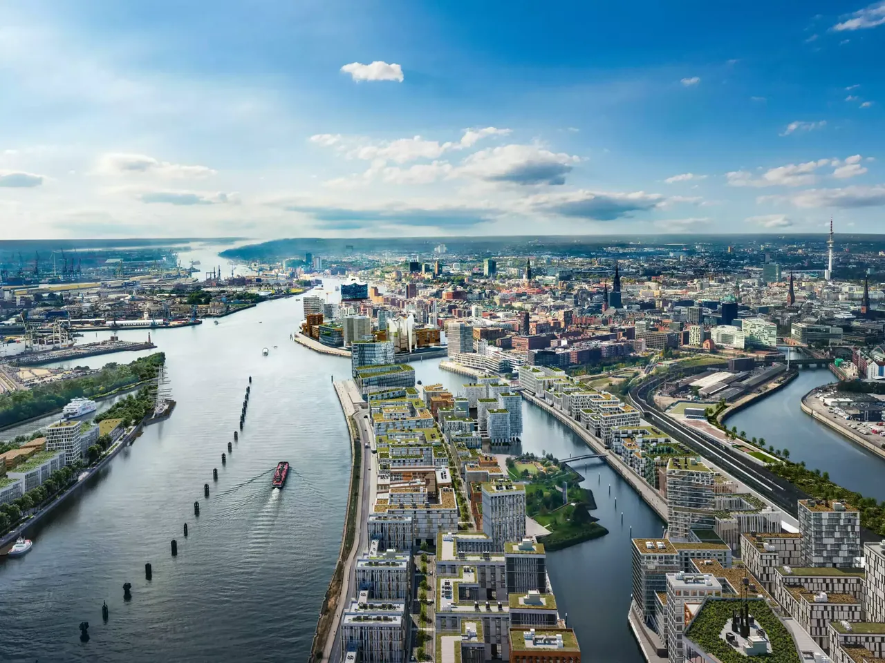 Weitblick: Es wird der Blick über die Elbe und die Hamburger Hafencity aus der hausInvest Immobilie Elbtower in Hamburg abgebildet.