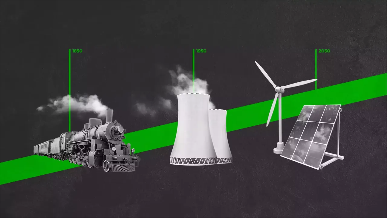 klimaVest: Dampflok, Kraftwerk, Windrad und Solarpanel Grafik für den erneuerbare Energien Teaser