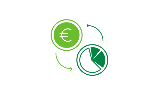 Icon, dass ein Tortendiagramm und einen Euro zeigt und die börsentägliche Rücknahme symbolisiert