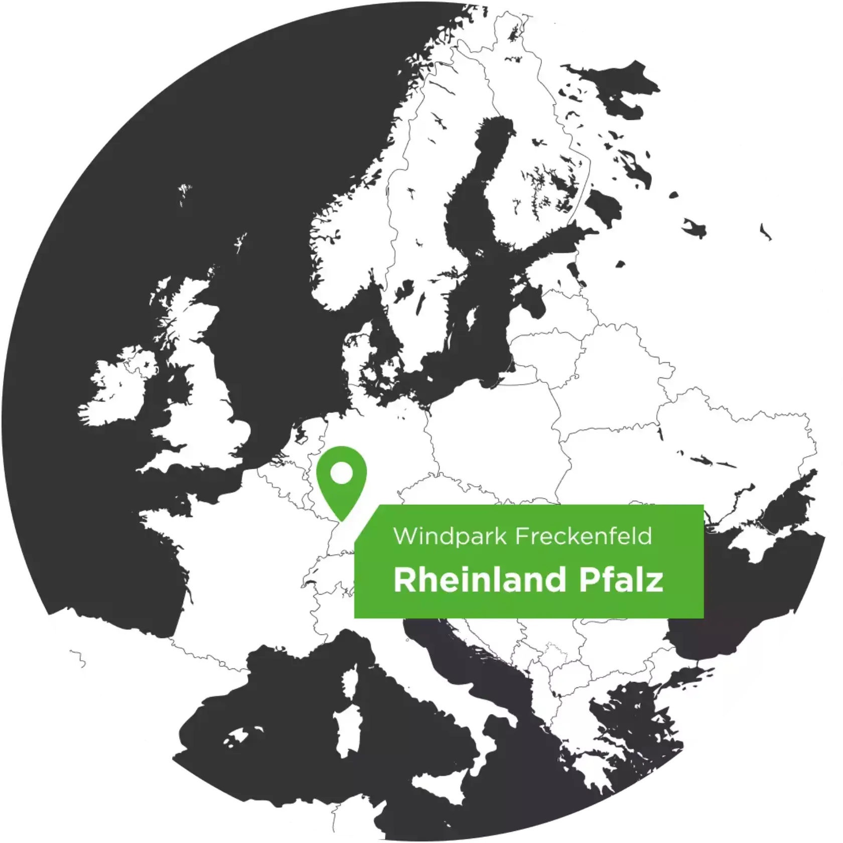 Europakarte mit dem Standortpfeil für den Windpark Freckenfeld