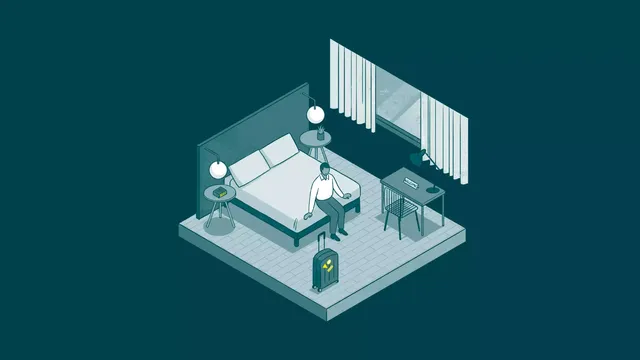Zu sehen ist eine Illustration mit schematischer Darstellung eines Hotelzimmers mit einem gast sitzend auf dem Bett