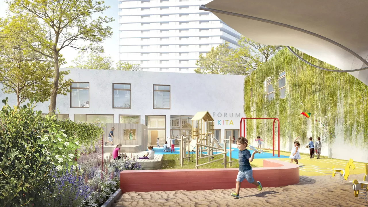 Außenansicht: Es wird die Kita der hausInvest Immobilie Forum Mülheim abgebildet