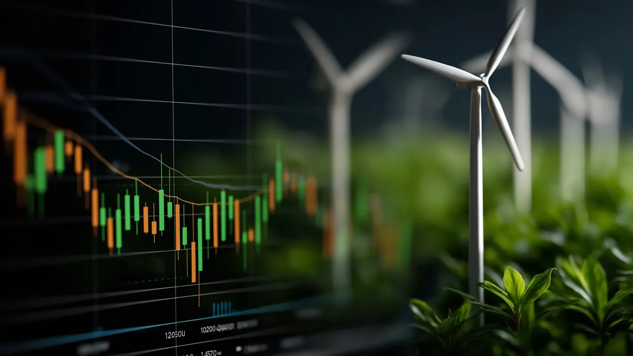 Finanzchart mit grünen und orangefarbenen Kursbalken im Vordergrund, im Hintergrund Windkraftanlagen und grüne Pflanzen – symbolisiert nachhaltige Kapitalanlage.