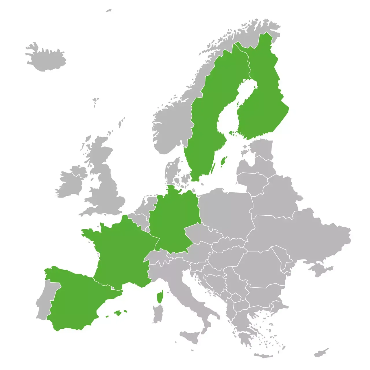 klimaVest: Grafik
  der klimaVest Assets in Europa aufgeteilt nach Ländern. Die Länder mit Asset
  Standorten sind grün hinterlegt.