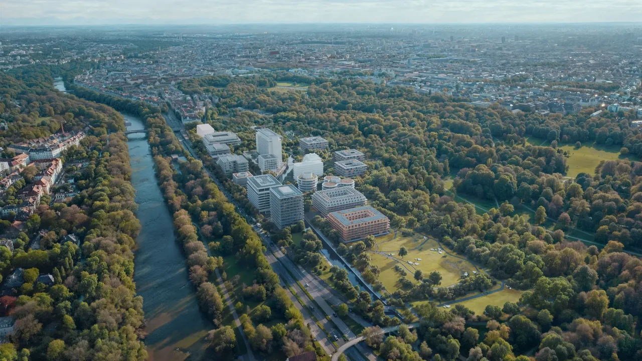 Es wird aus der Vogelperspektive ein Übersichtsbild über das gesamte Areal des Münchner Tuchparks dargestellt.