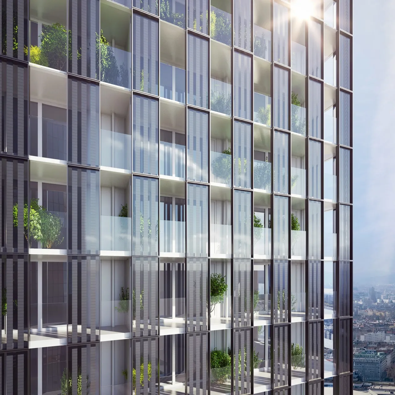 Es wird die innovative Photovoltaik Fassade der hausInvest Immobilie DC 2 Tower in Wien dargestellt.