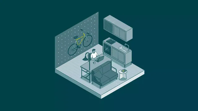Zu sehen ist eine Illustration mit schematischer Darstellung mit Studienzimmers mit einer Person im Homeoffice