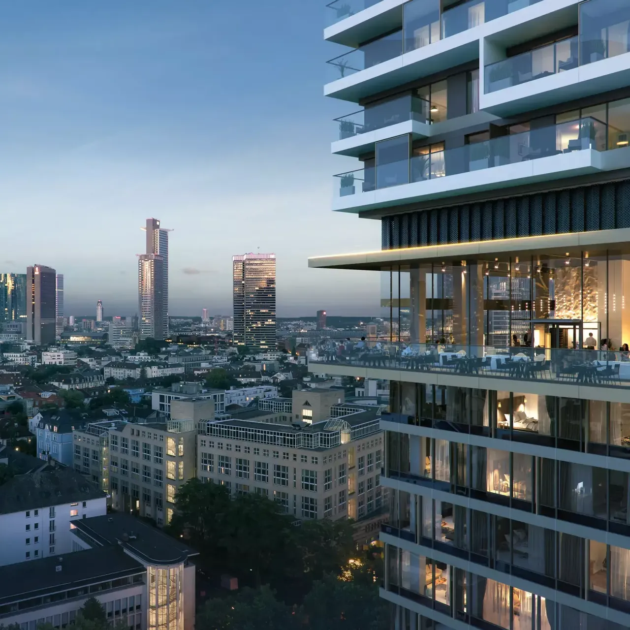 Innenansicht: Es wird die Skybar des Melia Hotels in der hausInvest Immobilie One Forty West in Frankfurt am Main abgebildet