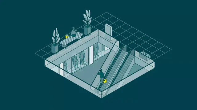 Zu sehen ist eine Illustration mit schematischer Darstellung eines Kaufhauses mit Rolltreppe über zwei Etagen und Geschäfte