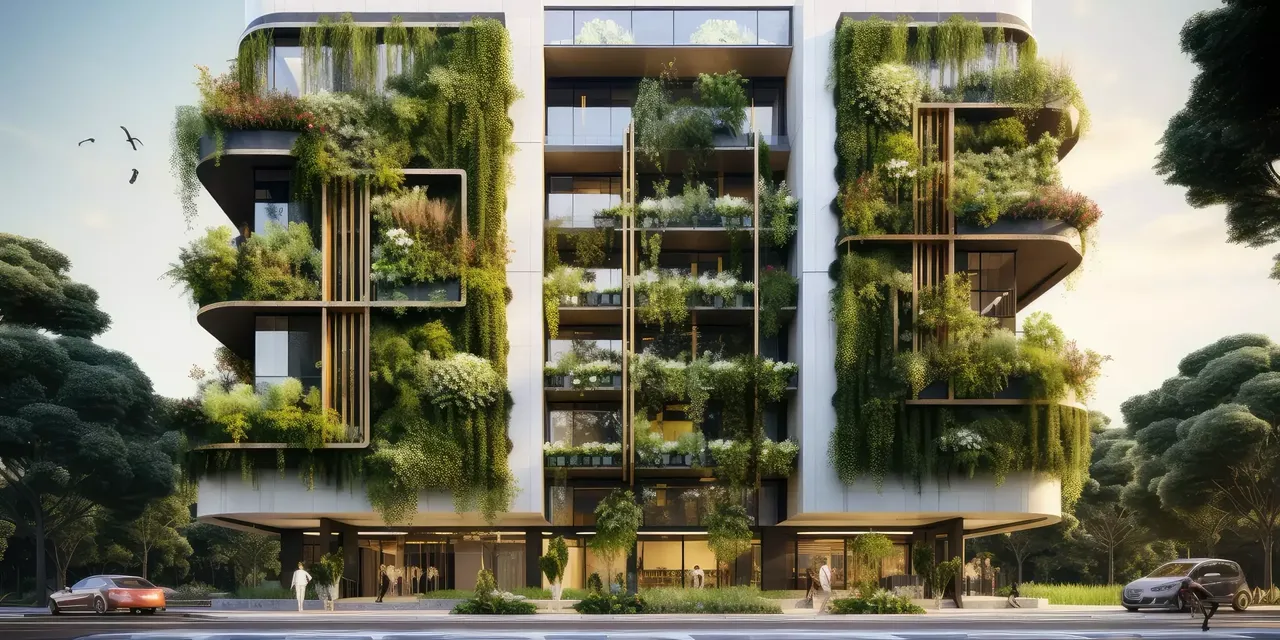 Es wird ein Green Building mit Fassadenbegrünung dargestellt.