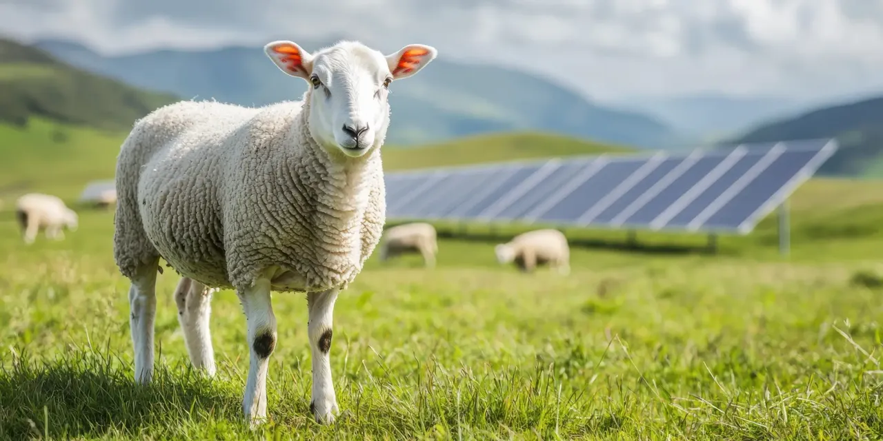 Es wir im Vordergrund ein Schaf dargestellt, das vor eine großen Photovoltaik-Anlage auf einem Feld steht.